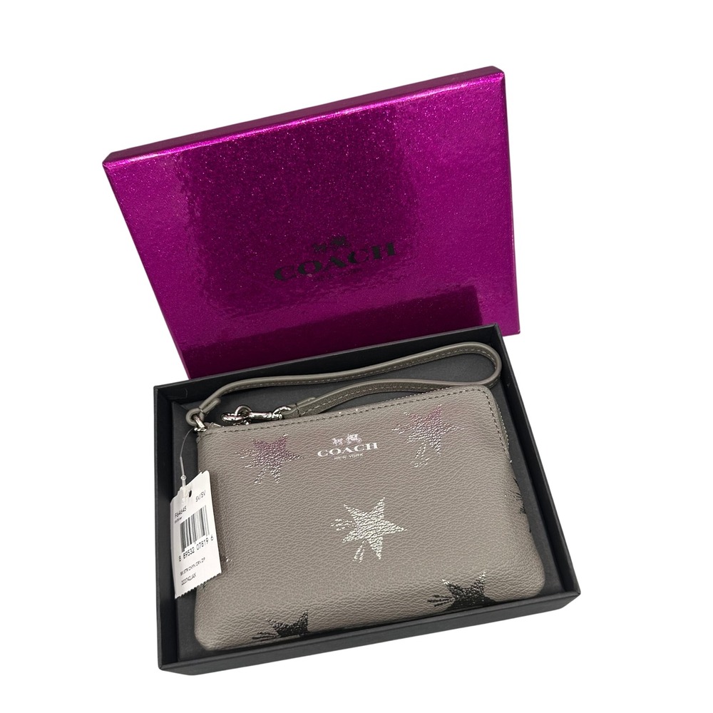 Coach F64645 Corner Zip Wristlet Grey Pebble Leather Metallic Star Print NIB
